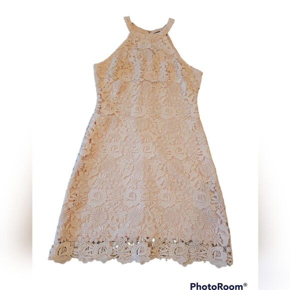 NWOT Lulus Love Poem Blush Pink Lace Crochet Look Mini Dress L - Picture 6 of 16
